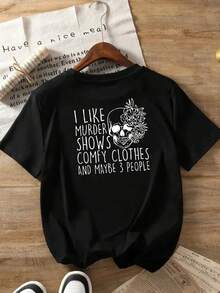 New 2026 Collection: Cotton T-Shirt With Front And Back Print, A Summer Essential Short-Sleeved T-Shirt For Fans Of The Mystery Show, Comfortable Casual Round Neck T-Shirt For Women - Women's Clothing, Comfortable Fit, Classic Design Short-Sleeved T-Shirt. - 黑色 - 查看 3