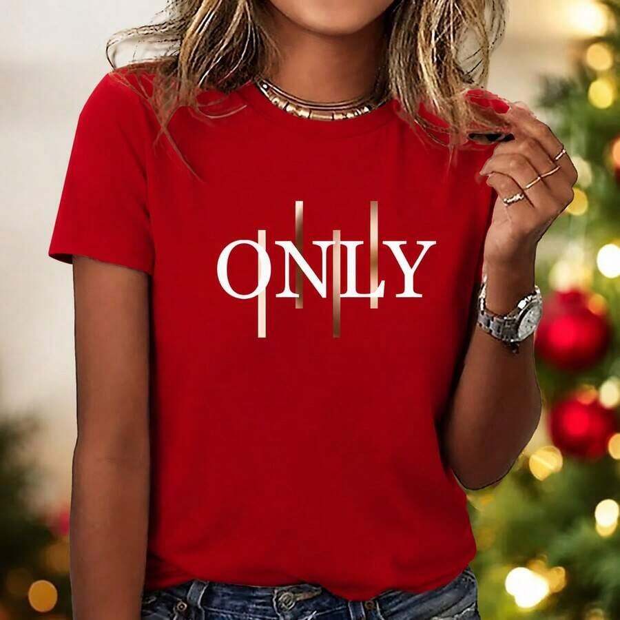 Women's T-Shirt With Artistic Letter Print - Stylish And Fashionable - Round Neck, Short Sleeve, Casual Sporty Style, Various Sizes, Multiple Colors Available, Soft - 紅色 - 查看 1