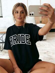 New 2026 Collection: Cotton T-Shirt For Bride, Minimalist T-Shirt For Bride, Wedding, Bachelorette Party, Aesthetic T-Shirt For Bride 3XL, Classic Thick Cotton Short Sleeve Graphic Print T-Shirt For Bachelorette Party, Casual Short Sleeve Top For Women, Short Sleeve Sports T-Shirt. - 黑色 - 查看 5