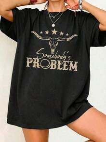 One-Piece Short-Sleeved T-Shirt With A Cute Design, Printed With The Phrase "Somebody's Problem" In A Cartoon Style, For Women, Suitable For Various Occasions, Such As A Gift For Festivals, Birthdays, Beach Music Festivals, Casual And Versatile, Comfortable, For Beach Vacations, Fashionable And Simple, Suitable For Everyday Wear For Women And Girls, 180g 100% Cotton. Leisure - 黑色 - 查看 6