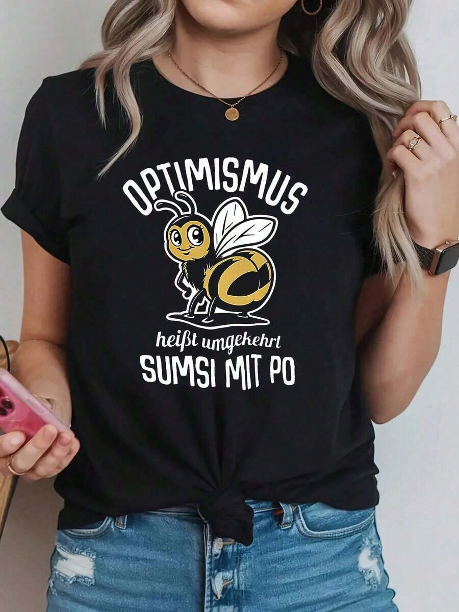 Men's Casual Spring/Summer Crew Neck T-Shirt With A Cartoon Bee Print And The German Phrase "OPTIMISMUS Bedeutet Umgekehrt SUMSI MIT PO". Gift Idea. - 黑色 - 查看 1