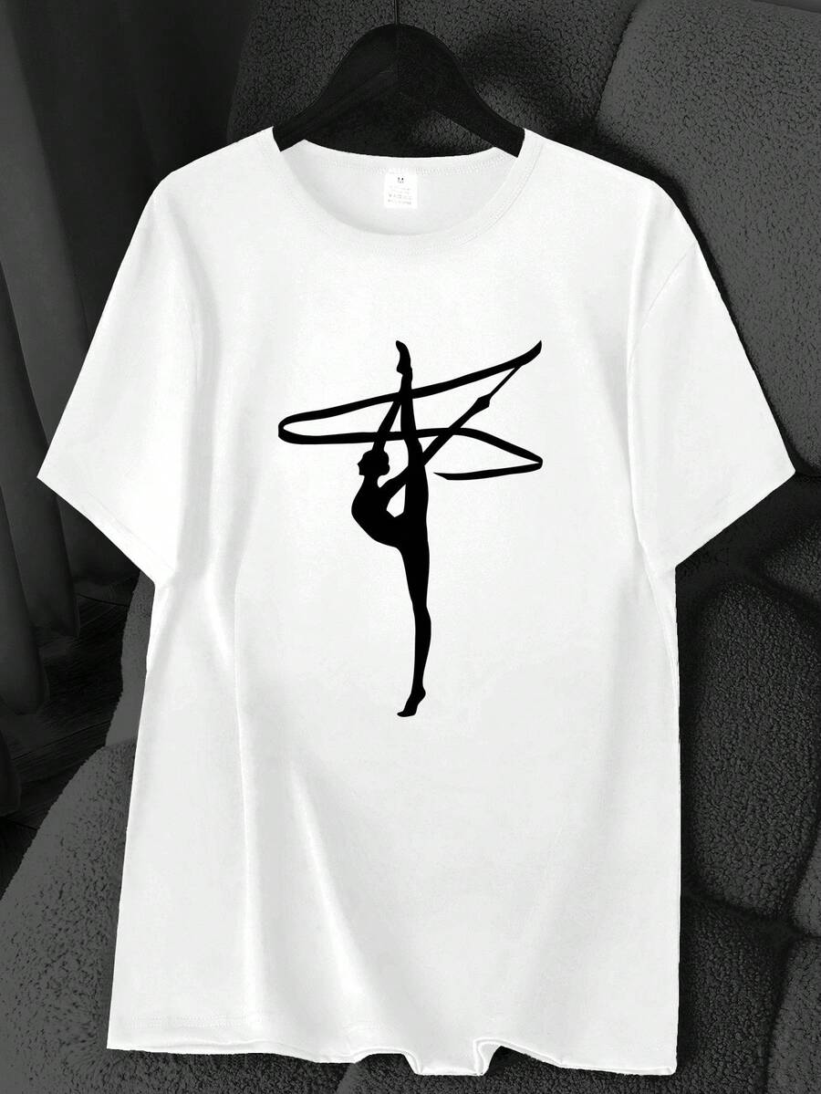 T-Shirt With A Gymnast Print. Available In 6 Colors, Short Sleeves, Round Neck, High-Stretch Casual Sports Top. Machine Washable. Basic T-Shirt For Spring And Summer. Suitable For All Seasons. Women's Clothing. Elegant Party Outfit, T-Shirt For Stylish Ladies, Blouses Suitable For Curvy Women, Casual Wear, Cool And Breathable Summer Wear, Fun Letter Print. - 白色 - 查看 1