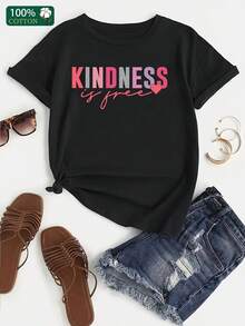 KINDNESS Ir Yree Letter T-Shirt For Home, Casual, Fashionable, Versatile, For Going To Work, Sporty, Universal, Comfortable, Thick Fabric, Pure Cotton. - Black - View 4
