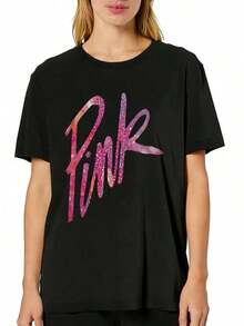 Women's Casual T-Shirt, Bright Pink With Graphic Design, Short Sleeve, Comfortable For Casual And Elegant Outfits, Lightweight And Breathable, Machine Washable, Regular Fit, Round Neck - 黑色 - 查看 2