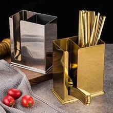 Soporte para utensilios de restaurante chino de acero inoxidable, 2 compartimentos de malla, estante de secado para utensilios de cocina, palillos, cuchara, tenedor, cuchillo - Dorado - Ver 5