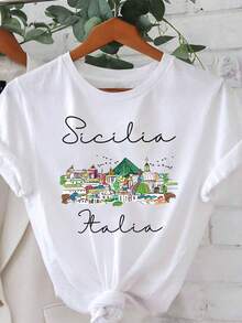 Women's Casual Short-Sleeved Crew Neck T-Shirt With A Sicily, Italy Print, Ideal For Spring And Summer, Perfect For Everyday Wear, Outings, And As A Holiday Gift - 白色 - 查看 1