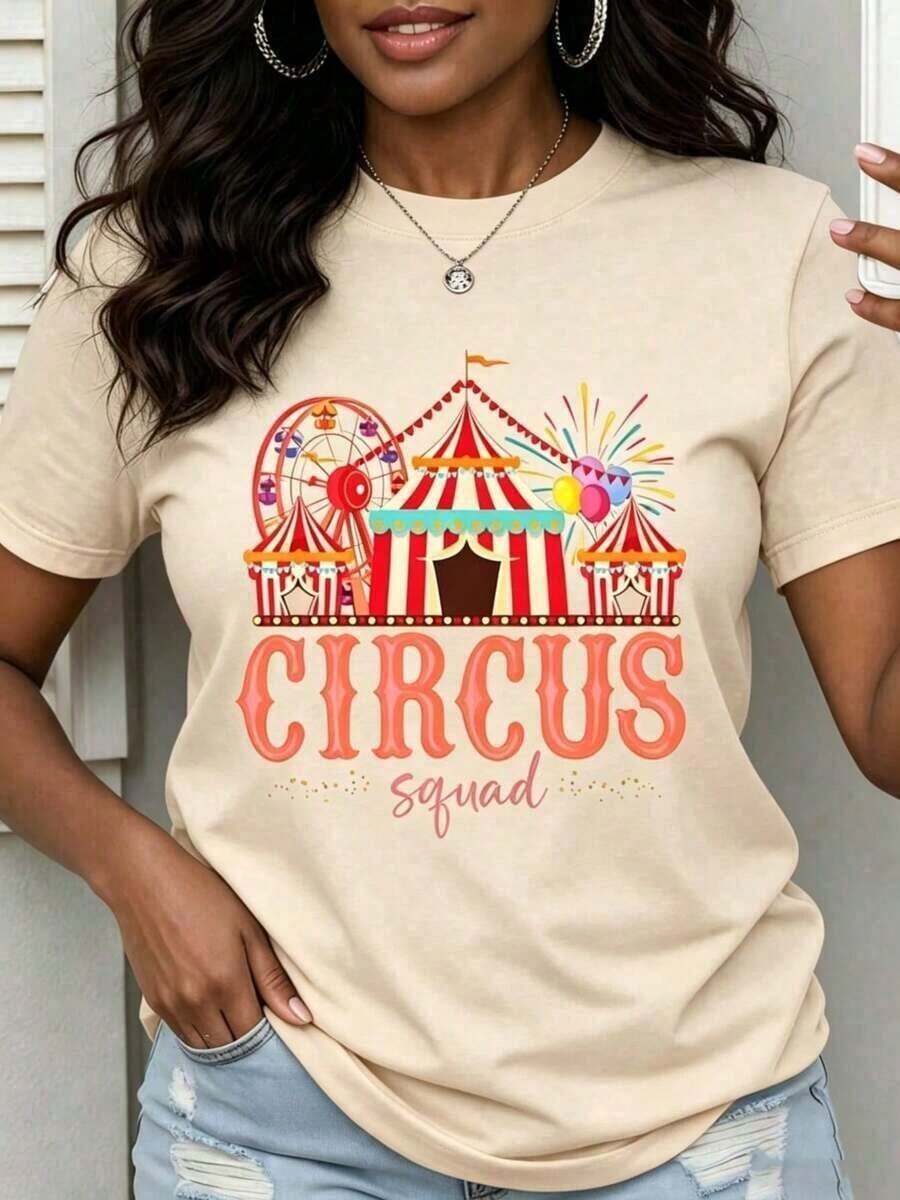 Women's Short-Sleeve Circus T-Shirt, Fun, With A Carnival-Themed Print, Ideal For Parties, Casual Summer Wear For Festivals And Events. Pretty Blouses, 100% Cotton. - 杏 - 查看 1