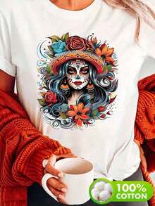 Women's Short-Sleeved T-Shirt In A Mexican Style, Printed With The Words "Viva México!" It Features A Feminine Catrina Skull Design In The Style Of The Mexican Day Of The Dead (Decorated With Flowers And A Wide-Brimmed Hat), A Round Neck, And Short Sleeves, Perfect For Spring And Summer. It Also Includes A Women's Short-Sleeved Athletic T-Shirt, Suitable For Vacations And A Great Gift. It's Also Machine Washable. - 白色 - 查看 1