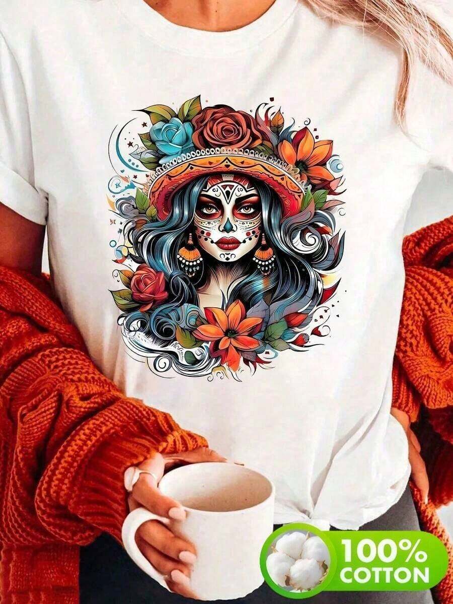 Women's Short-Sleeved T-Shirt In A Mexican Style, Printed With The Words "Viva México!" It Features A Feminine Catrina Skull Design In The Style Of The Mexican Day Of The Dead (Decorated With Flowers And A Wide-Brimmed Hat), A Round Neck, And Short Sleeves, Perfect For Spring And Summer. It Also Includes A Women's Short-Sleeved Athletic T-Shirt, Suitable For Vacations And A Great Gift. It's Also Machine Washable. - 白色 - 查看 1