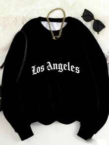 MSUCC|Women's Basic T-Shirt With Round Neck, Print, American Style, Modern And Youthful Design, Suitable For All Seasons And Everyday Wear, With Soft Fabric| Los Angeles Print Sweatshirt - Black - View 1