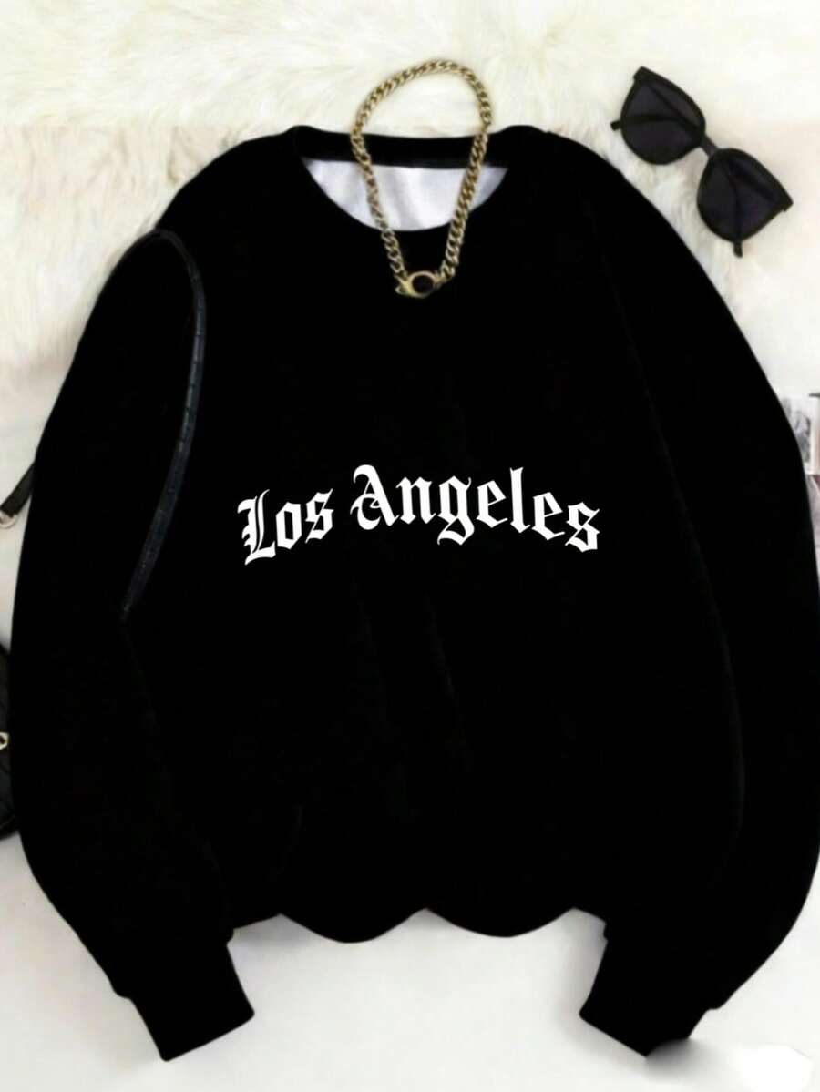 MSUCC|Women's Basic T-Shirt With Round Neck, Print, American Style, Modern And Youthful Design, Suitable For All Seasons And Everyday Wear, With Soft Fabric| Los Angeles Print Sweatshirt - Black - View 1