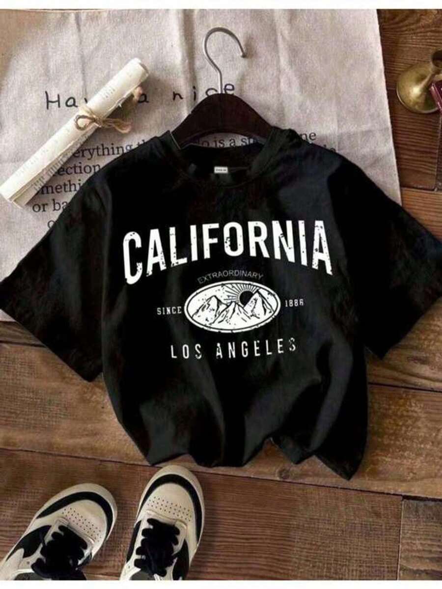 Women's Short-Sleeved, Crew-Neck T-Shirt With A California Mountain Print, A Versatile Everyday Top. Regular Fit, Flatters All Body Types, Available In Sizes S To 2XL - Black - View 1