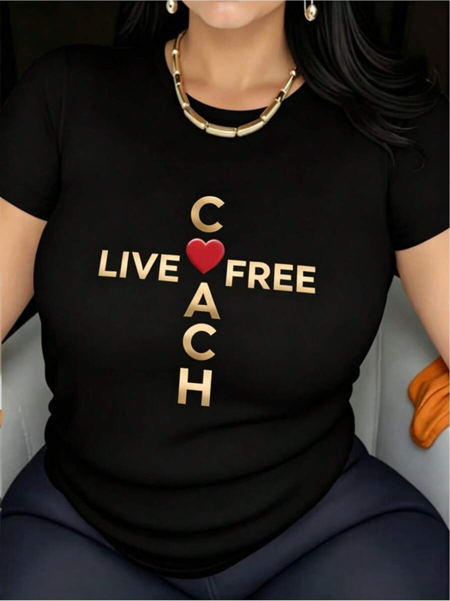 Camiseta Estampada para Mujer I ❤️ LIVE CACH - Camiseta Casual Negra de Manga Corta y Cuello Redondo, con Corte Relajado para Todas las Estaciones, Perfecta para el Uso Diario y Atuendos de Vacaciones (Lavable aáquina). - Negro - Ver 1