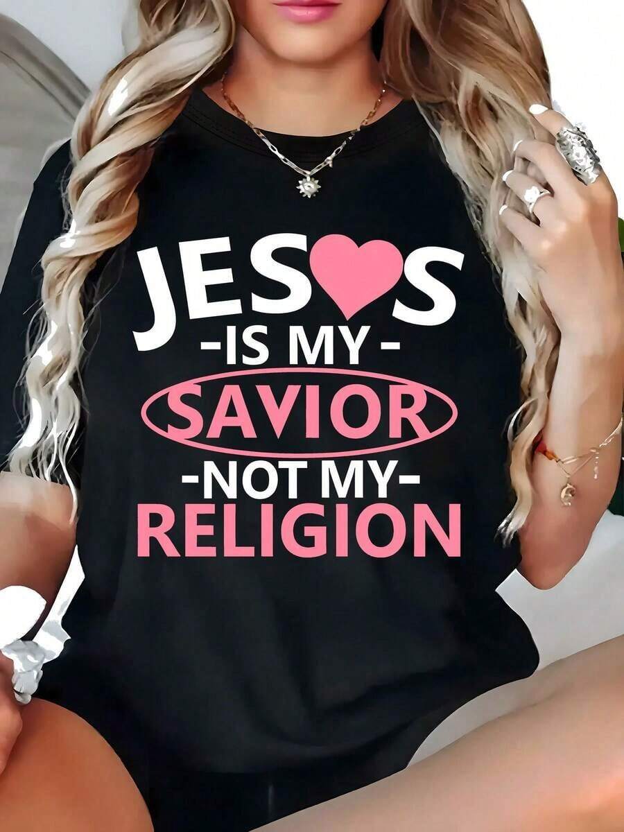 Plus Size - Inspirational Women'S-Shirt Featuring ' Is My Savior' - Made From Soft, Breathable Fabric With A Casual Round Neck And Short Sleeves, Any Season, In Black With White And Pink Lettering. - 黑色 - 查看 1