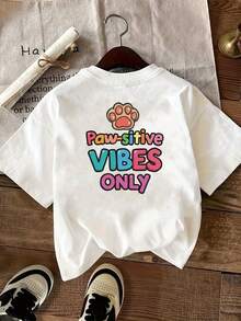 | Exquisite Design | Loose And Comfortable | Easy To Match | T-Shirt With Front And Back Print, "Paw-Sitive Vibes Only", Pet-Themed Design, Round Neck, Short Sleeves, Casual Fit, Comfortable And Soft Fabric, Classic Design, A Must-Have Fashion Item For Women. - 白色 - 查看 2