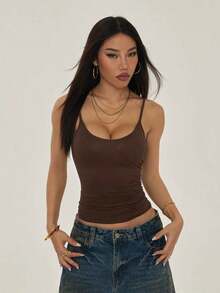 PETITE Camisola sin Mangas con Bajo Arrugado para Mujer, Estilo Casual, Color Sólido - Café integral - Ver 8