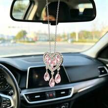 1 pieza Adorno colgante con forma de corazón de strass y borla para espejo retrovisor, accesorio interior de coche - A - Ver 4