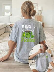 Camiseta de Verano Premium Estampada para Mujer [Estampado a Doble Cara], Camiseta de Manga Corta con Cuello Redondo, Estampado de Pepinillo Verde y Texto, Lavable a Máquina, Adecuada para Uso Casual, Ropa Multiusos, Camiseta Moderna y a la Moda, Material Cómodo, para Entusiastas del Estilo. - Albaricoque - Ver 10