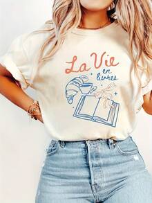 Camiseta estampada de alta gama para mujer, estilo literario, estilo parisino, moda divertida, estilo universitario, estética del libro, predestinada a leer citas francesas. - Albaricoque - Ver 8