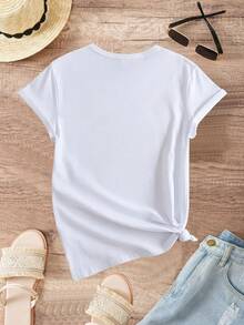 Camiseta de manga corta y cuello redondo para mujer, holgada, con estampado de avión con forma de corazón, ideal para el verano y un estilo casual - [Blanco] - Ver 2