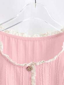 2026 Everyssa Camiseta de mujer con elegante acabado de encaje en contraste de colores, para verano - Rosa - Ver 3