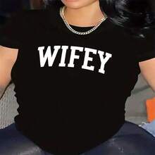 1 Piece Women's Short Sleeve T-Shirt, WIFEY Print, Classic And Versatile, Lightweight And Comfortable, Casual Style - 黑色 - 查看 2