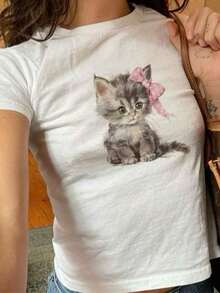Women's Kitten Print T-Shirt Y2K (1 Piece) | Short-Sleeved Crop Top With A Retro Country Style Print In Black And White, Perfect For Theme Parties, Holidays, And Other Occasions. Breathable And Comfortable. - 白色 - 查看 1