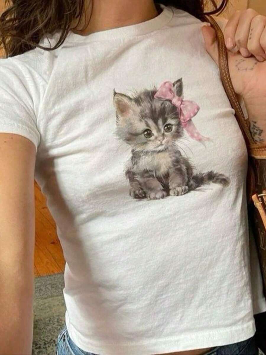 Women's Kitten Print T-Shirt Y2K (1 Piece) | Short-Sleeved Crop Top With A Retro Country Style Print In Black And White, Perfect For Theme Parties, Holidays, And Other Occasions. Breathable And Comfortable. - 白色 - 查看 1