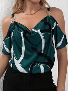 Clasi Blusa con estampado total, detalle de cadena en los hombros descubiertos, parte superior con hombros descubiertos - Verde Oliva - Ver 4