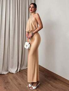 Vestido elegante y digno de invitada de boda con elástico, vestido largo fruncido de cuello halter con tela brillante - Champán - Ver 3