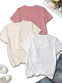 Set de 3 camisetas gráficas de mujer con estampados de leopardo, floral y corazón para el verano - Multicolor 5 - Ver 2