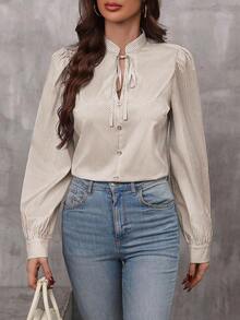 LUNE Blusa de manga farol con cuello de corbata y estampado de rayas, blusas de manga larga - Caqui - Ver 5