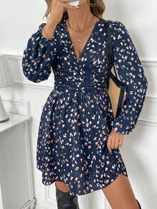 Vestido corto casual sencillo con cuello en V, manga larga, plisado y estampado de todo sobre - Azul marino - Ver 5