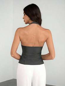 Tall Blazer casual de unicolor con cuello en V para mujer, top de traje tejido - Conjunto de otoño vintage seductor de oficina para maestras - Gris Oscuro - Ver 2