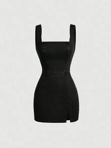 MOD Vestido de mezclilla de Body con cuello cuadrado y abertura, para moda de verano de mujeres - Negro - Ver 5