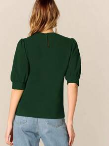 Top de manga farol de cuello alto de espalda con abertura de ojo - Verde Oscuro - Ver 2