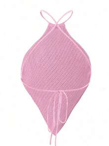 Blusa de punto de mujer de verano con cuello halter, dobladillo asimétrico y unicolor - Rosa Pálido - Ver 2