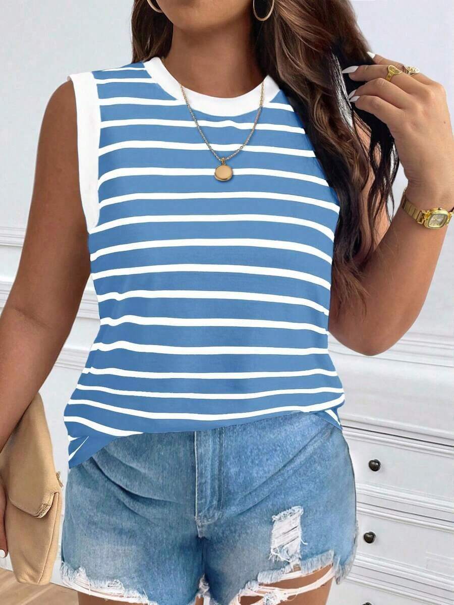 Chaleco sin mangas de mujer de talla grande, casual, de cuello redondo y con estampado de limón, de hombros anchos - Azul - Ver 1