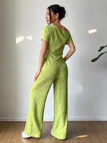 Set de 2 piezas: Camiseta con hombro asimétrico + Pantalones de pierna ancha y cintura baja, Ropa de estar en casa casual - Verde - Ver 2