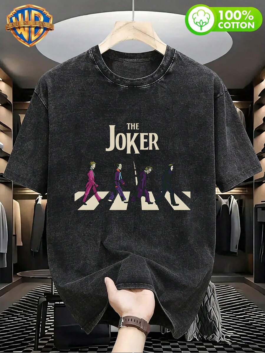 Classic Joker T-Shirt With Logo In American Style, Unisex, Vintage Street Print, Crew Neck, Short Sleeve, Washed, Casual, Comfortable, Versatile, Loose Fit, Summer, For Men, 100% Cotton, Ideal For Outdoors, Gym - 黑色 - 查看 1