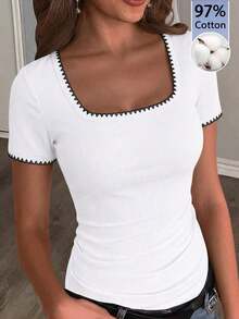 Camiseta blanca básica, casual y sencilla con cuello en V, manga corta, ajustada, con fruncido lateral, acanalada y elástica para mujeres, para el verano - Multicolor 5 - Ver 1