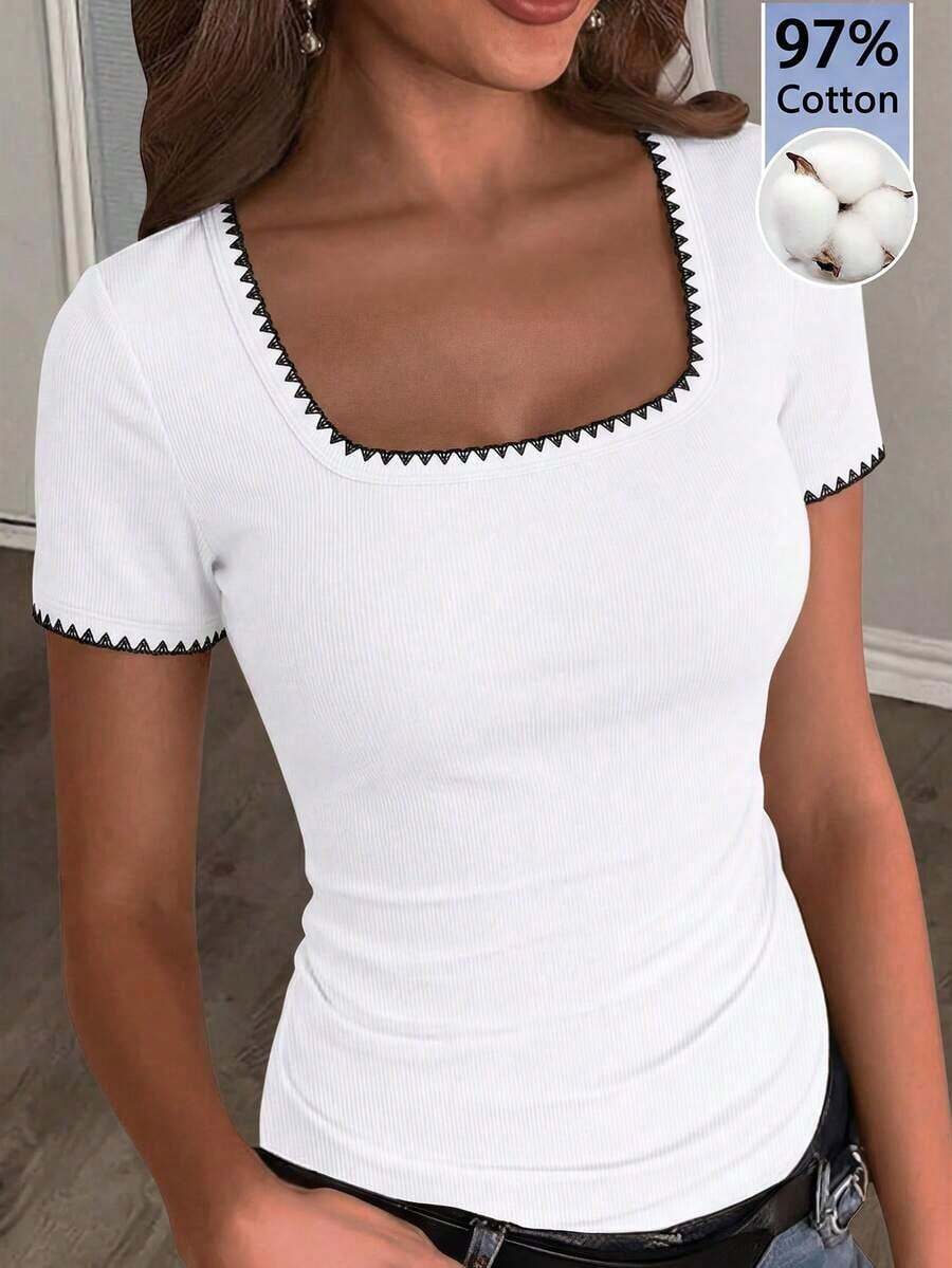 Camiseta blanca básica, casual y sencilla con cuello en V, manga corta, ajustada, con fruncido lateral, acanalada y elástica para mujeres, para el verano - Multicolor 5 - Ver 1