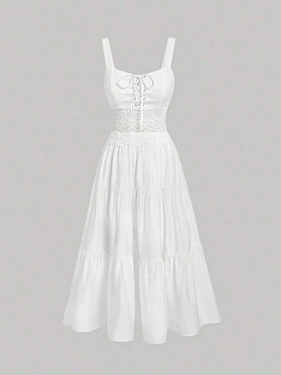 MOD Vestido de tirantes unicolor con cordón bajo con fruncido - Blanco - Ver 1