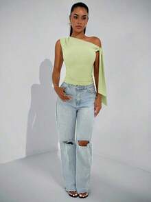 Elegante blusa de mujer con hombros asimétricos y cuello con lazo, adecuada para citas casuales, fiestas nocturnas, uso diario, otoño - Verde lima - Ver 3