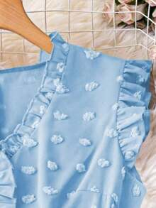 Blusa sin mangas de talla grande para vacaciones casuales con parches de puntitos suizos de mezcla de estilos y dobladillo con volantes - Azul - Ver 4
