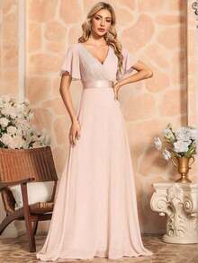 Vestido de dama de honor con cuello en V elegante, mangas con volantes y mariposa, color verde salvia, vestido de invitada de boda, vestido de primavera semi-formal para boda, fiesta de cumpleaños, graduación, Día de San Valentín - Champán 2 - Ver 4