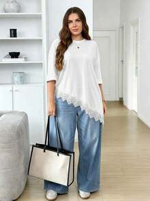 LUNE Camiseta de talla grande con parches de encaje y bajo asimétrico de unicolor - Blanco - Ver 6