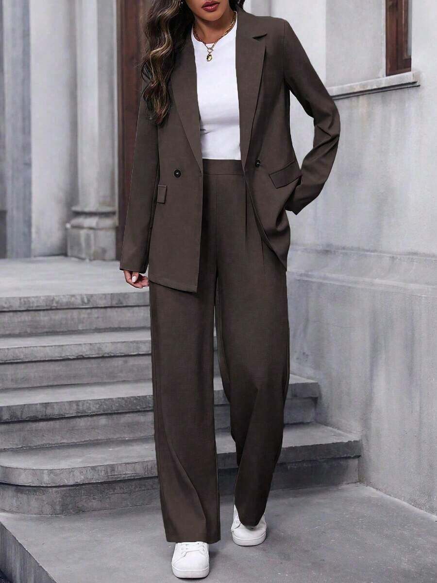 Conjunto de traje informal de mujer con solapa, manga larga y holgado - Marrón - Ver 1