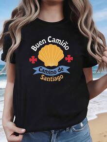 Plus Size Women's Buen Camino Spanish Pilgrimage T-Shirt - Vintage Style Camino De Santiago Short Sleeve Crew Neck Top, Blouse Compatible, Suitable For Travel, Outdoor Activities And Spanish Themed Outfits - 黑色 - 查看 6