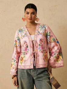Camisa casual versátil de uso diario con estampado floral y nudo delantero para mujer de talla grande - Multicolor 7 - Ver 4